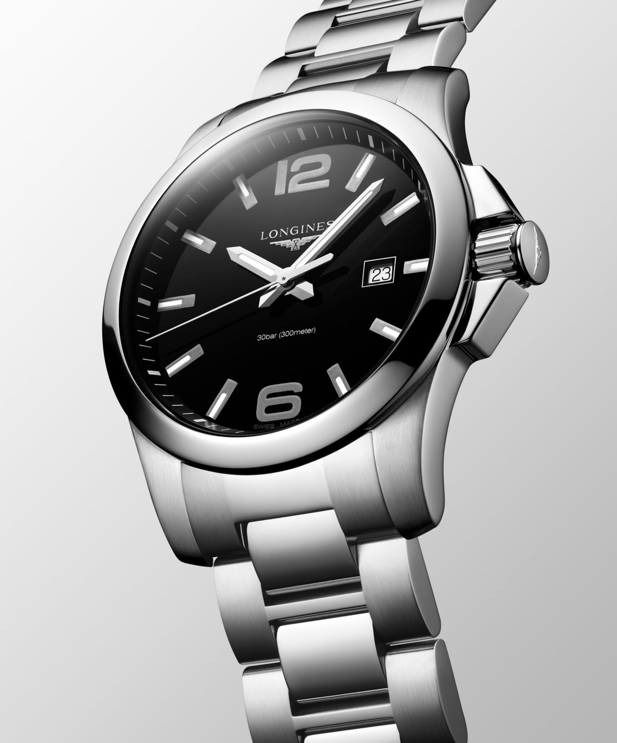 Conquest 43.00 mm Sunray black Stainless steel L37604566 L3.760.4.56.6 side and front view