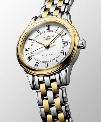 Flagship Classic 26.00 mm White matt Stainless steel and yellow PVD coating L42743217 L4.274.3.21.7 front and side view