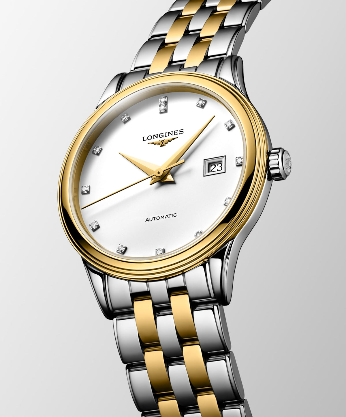 Flagship Classic 30.00 mm White matt Stainless steel and yellow PVD coating L43743177 L4.374.3.17.7 front and side view