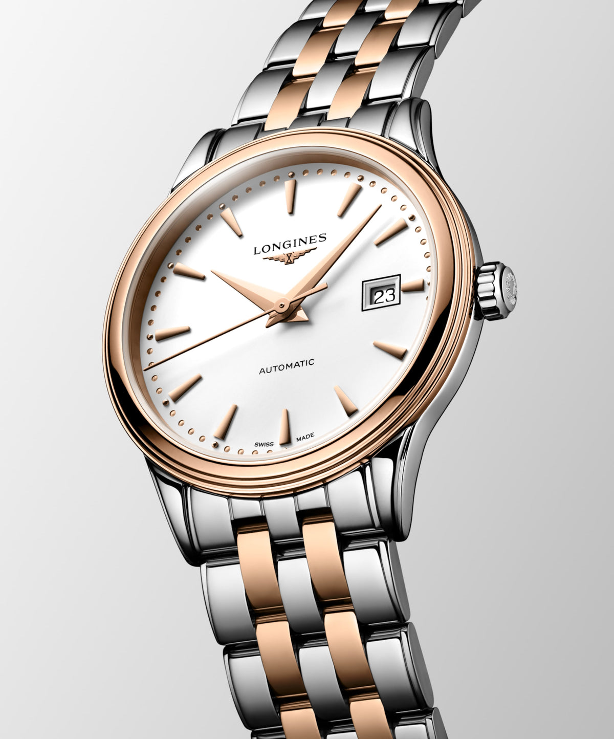 Flagship Classic 30.00 mm White matt Stainless steel and red PVD coating L43743907 L4.374.3.90.7 front and side view