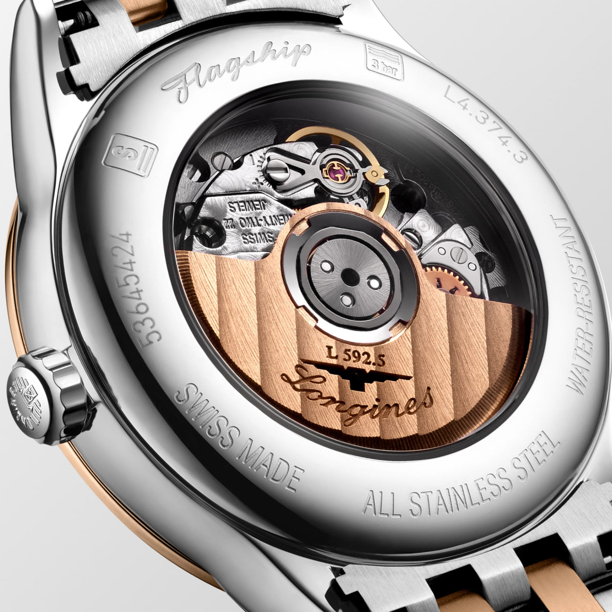 Flagship Classic 30.00 mm White matt Stainless steel and red PVD coating L43743907 L4.374.3.90.7 back view