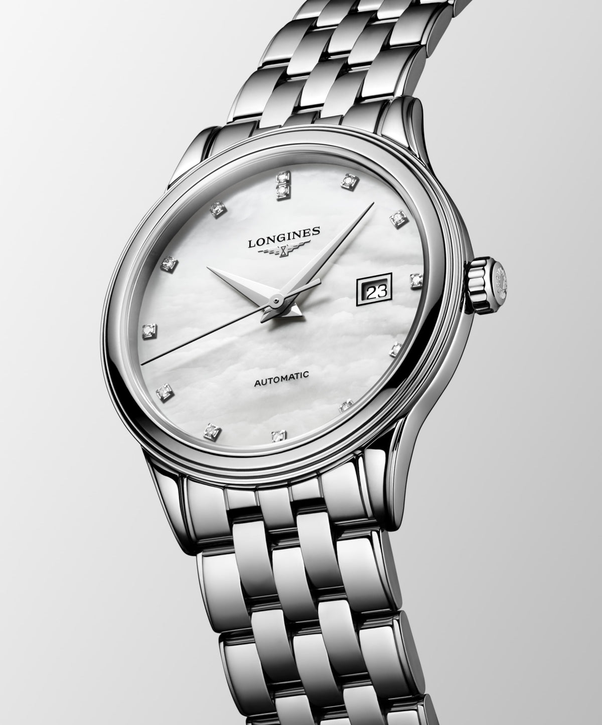 Flagship Classic 30.00 mm White mother-of-pearl Stainless steel L43744886 L4.374.4.88.6 front and side view
