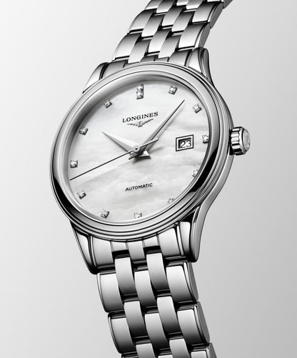 Flagship Classic 30.00 mm White mother-of-pearl Stainless steel L43744886 L4.374.4.88.6 front and side view
