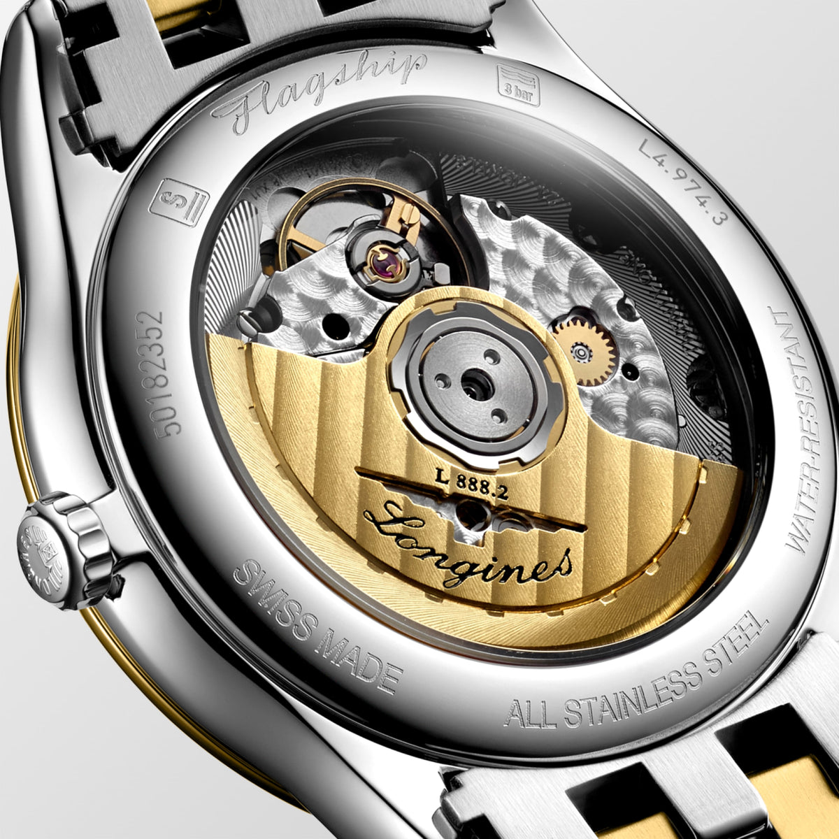 Flagship Classic 38.50 mm White matt Stainless steel and yellow PVD coating L49743217 L4.974.3.21.7 back view