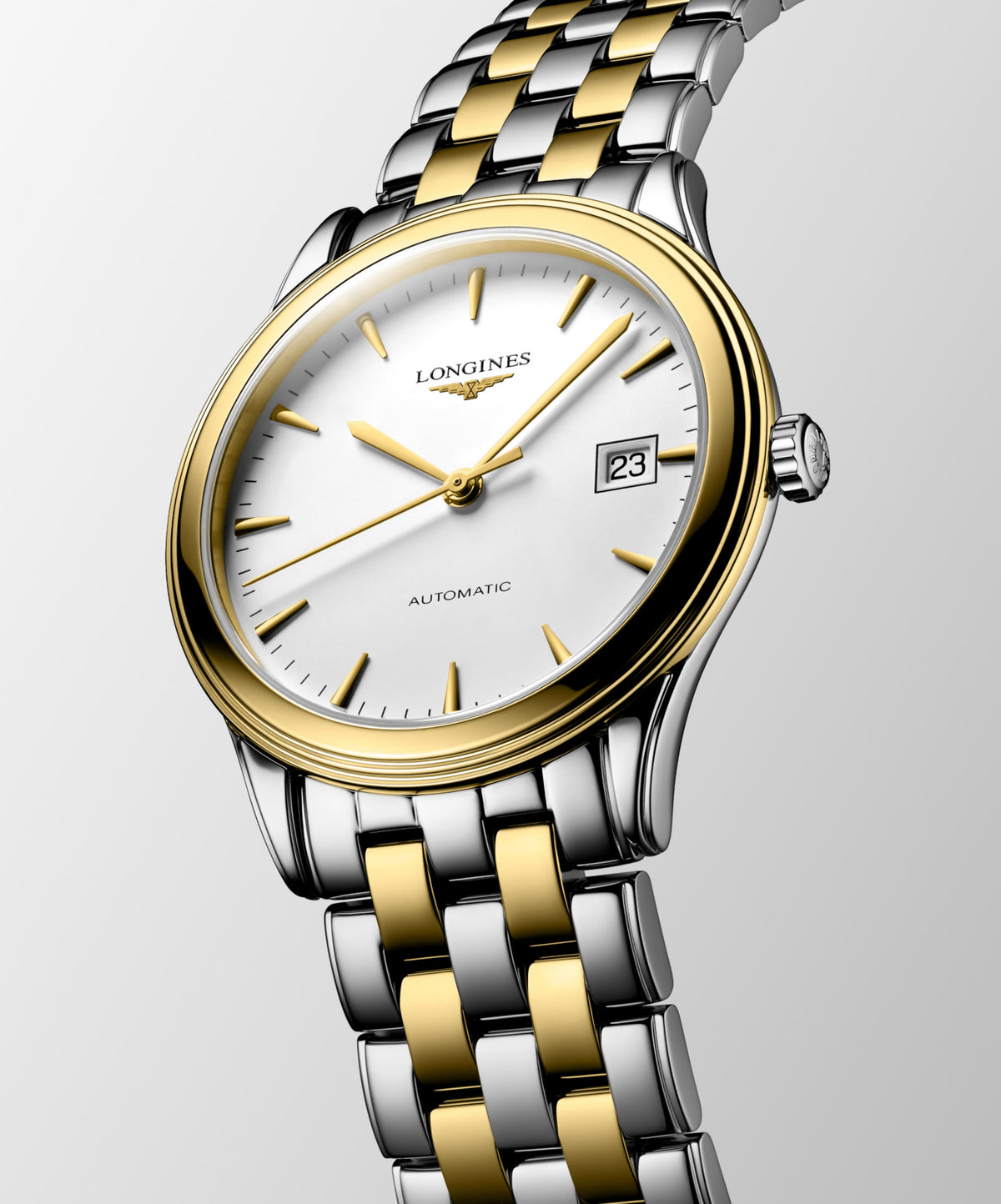 Flagship Classic 38.50 mm White matt Stainless steel and yellow PVD coating L49743227 L4.974.3.22.7 front and side view