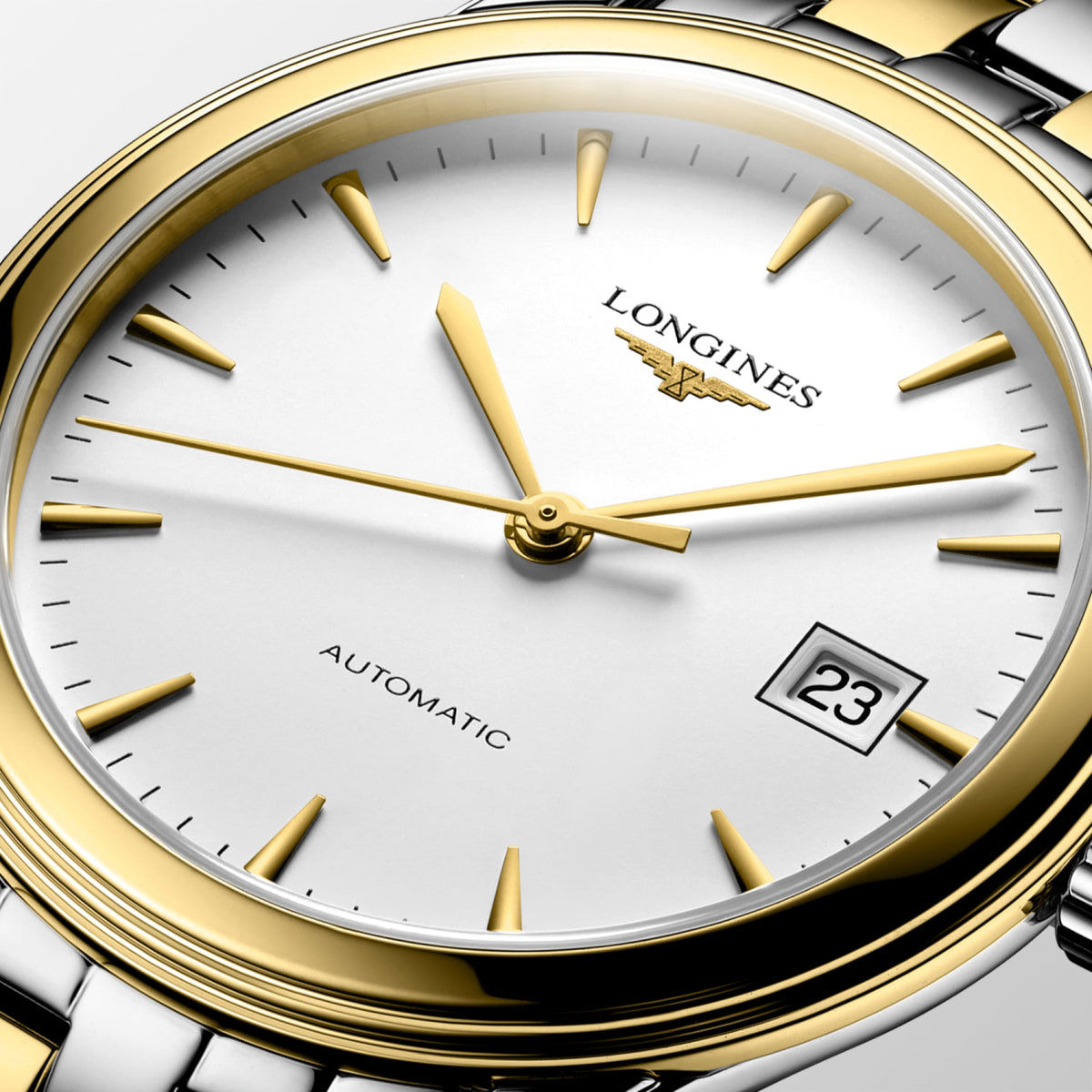 Flagship Classic 38.50 mm White matt Stainless steel and yellow PVD coating L49743227 L4.974.3.22.7 detailed view