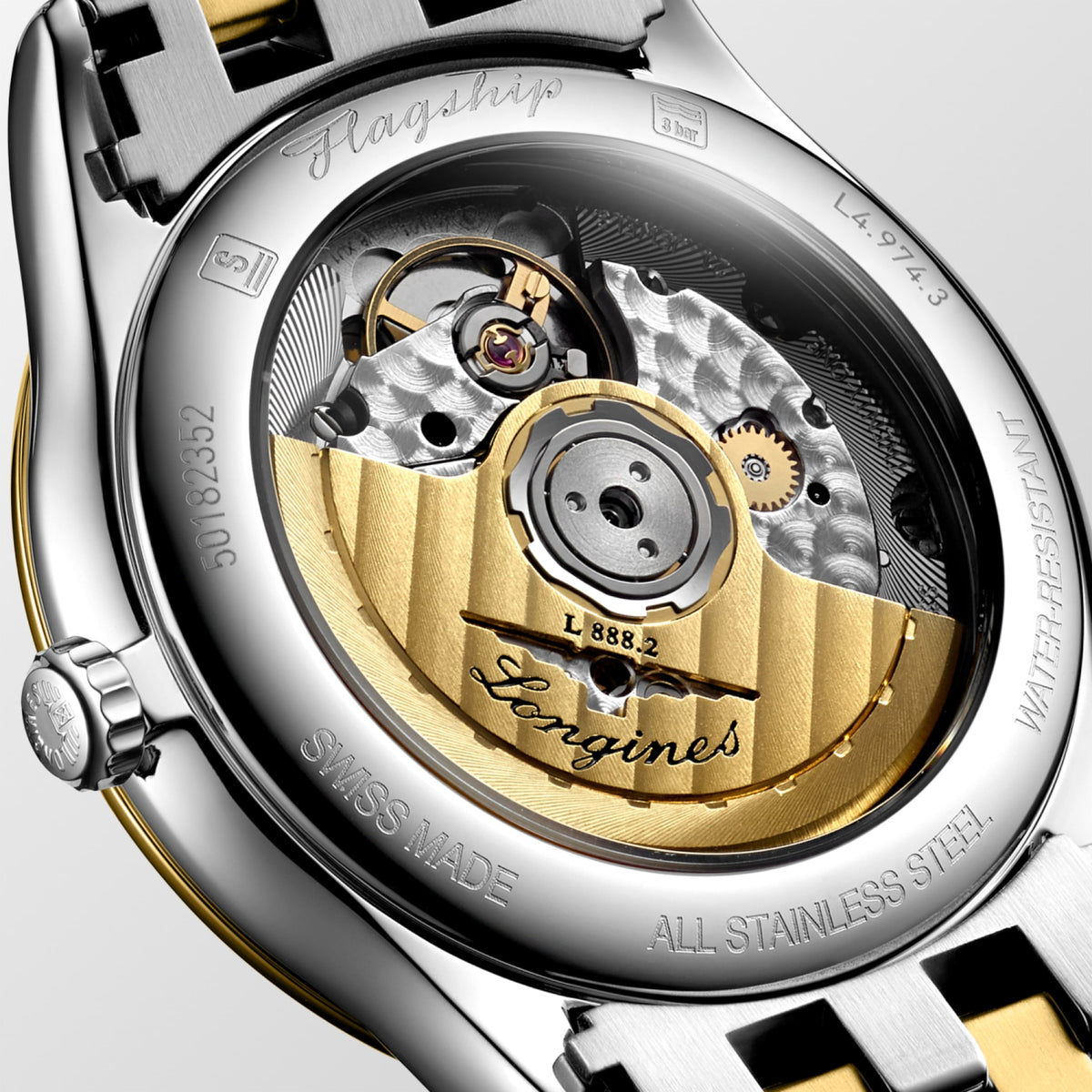 Flagship Classic 38.50 mm White matt Stainless steel and yellow PVD coating L49743227 L4.974.3.22.7 back view