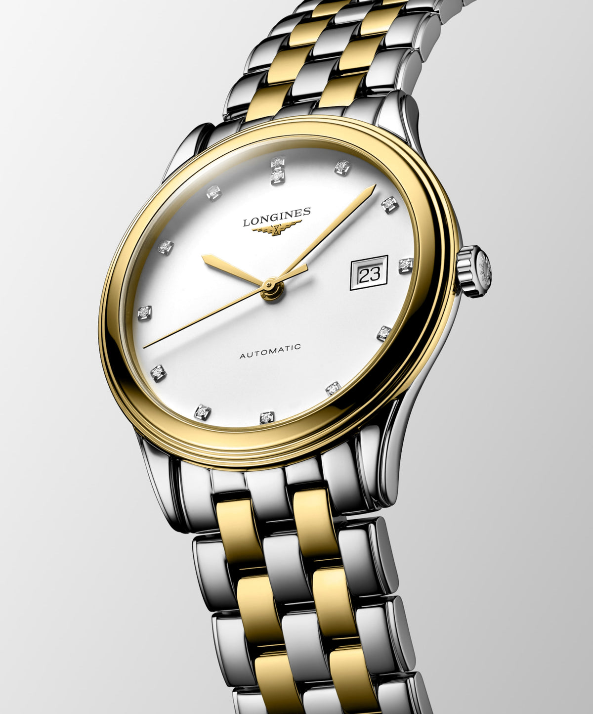 Flagship Classic 38.50 mm White matt Stainless steel and yellow PVD coating L49743277 L4.974.3.27.7 front and side view