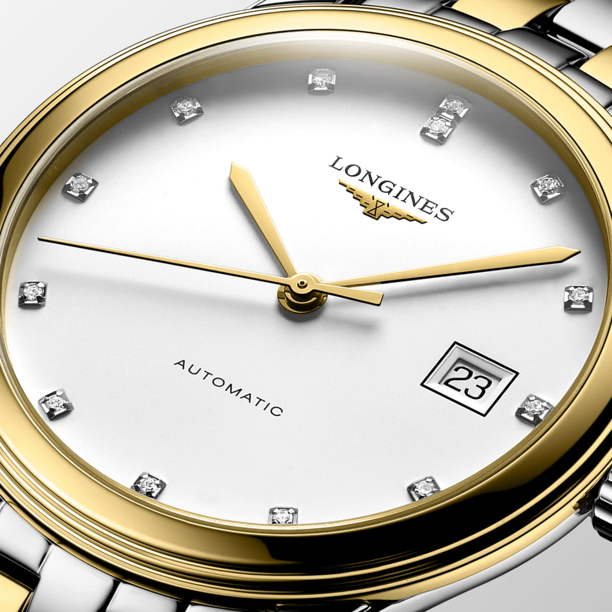 Flagship Classic 38.50 mm White matt Stainless steel and yellow PVD coating L49743277 L4.974.3.27.7 detailed view