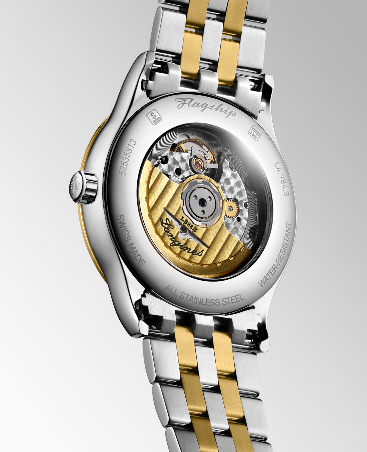 Flagship Classic 40.00 mm White matt Stainless steel and yellow PVD coating L49843177 L4.984.3.17.7 front and side view