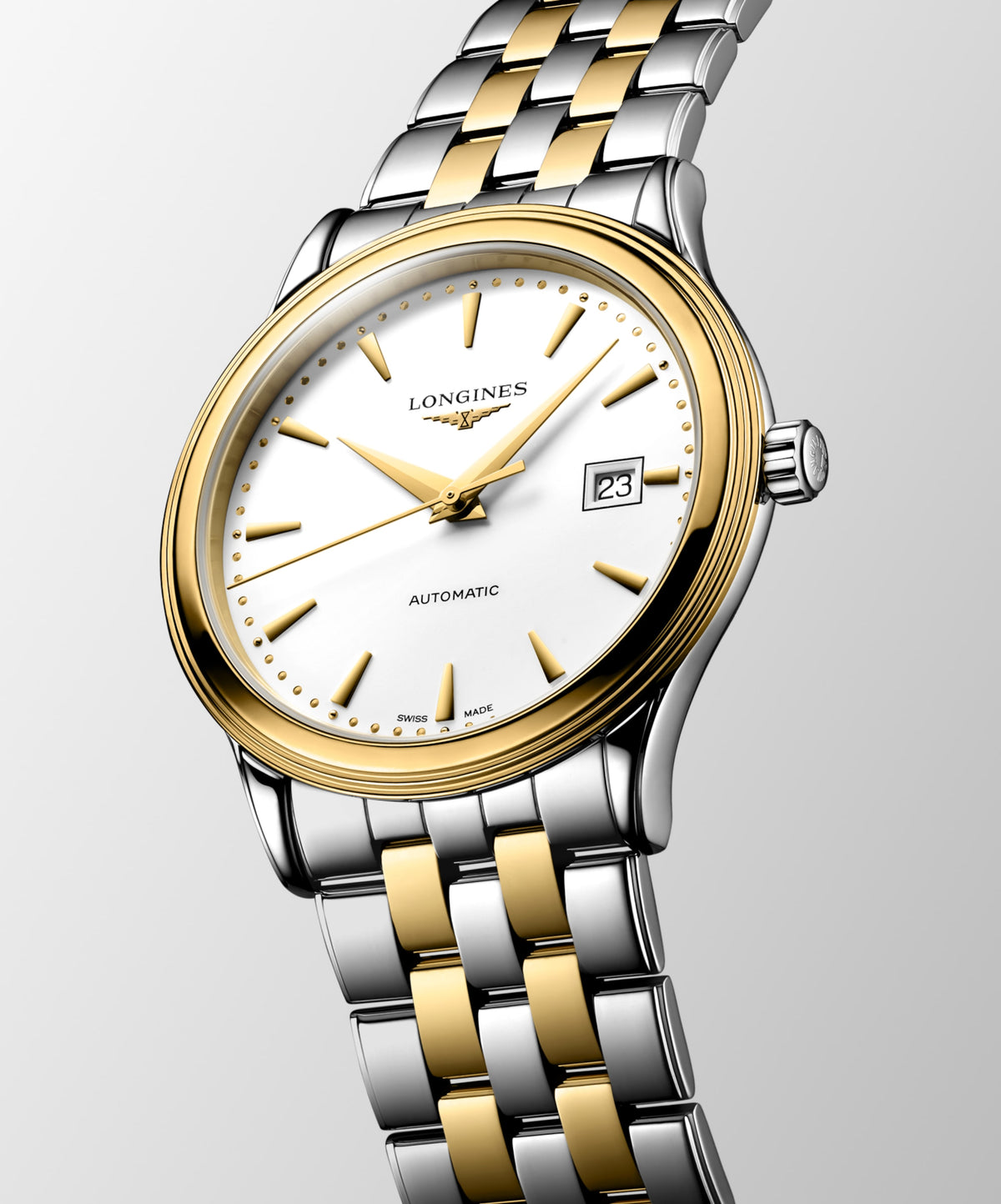 Flagship Classic 40.00 mm White matt Stainless steel and yellow PVD coating L49843207 L4.984.3.20.7 front and side view