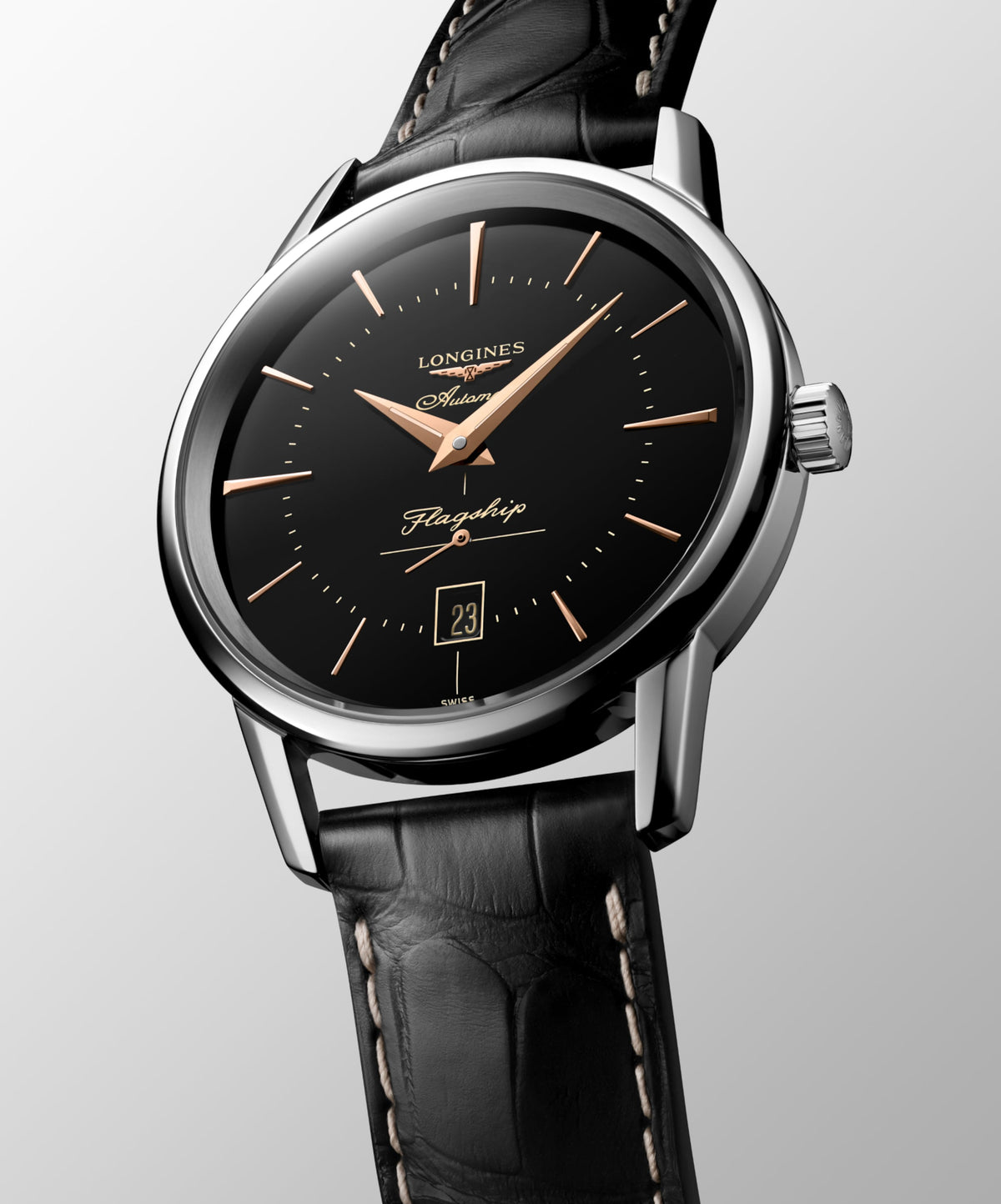 Flagship Heritage 38.50 mm Black Stainless steel L47954580 L4.795.4.58.0 front and side view