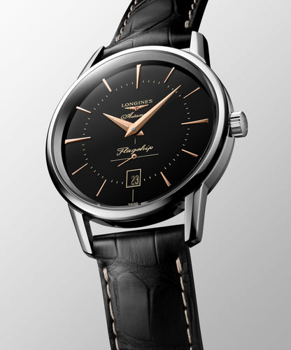 Flagship Heritage 38.50 mm Black Stainless steel L47954580 L4.795.4.58.0 front and side view