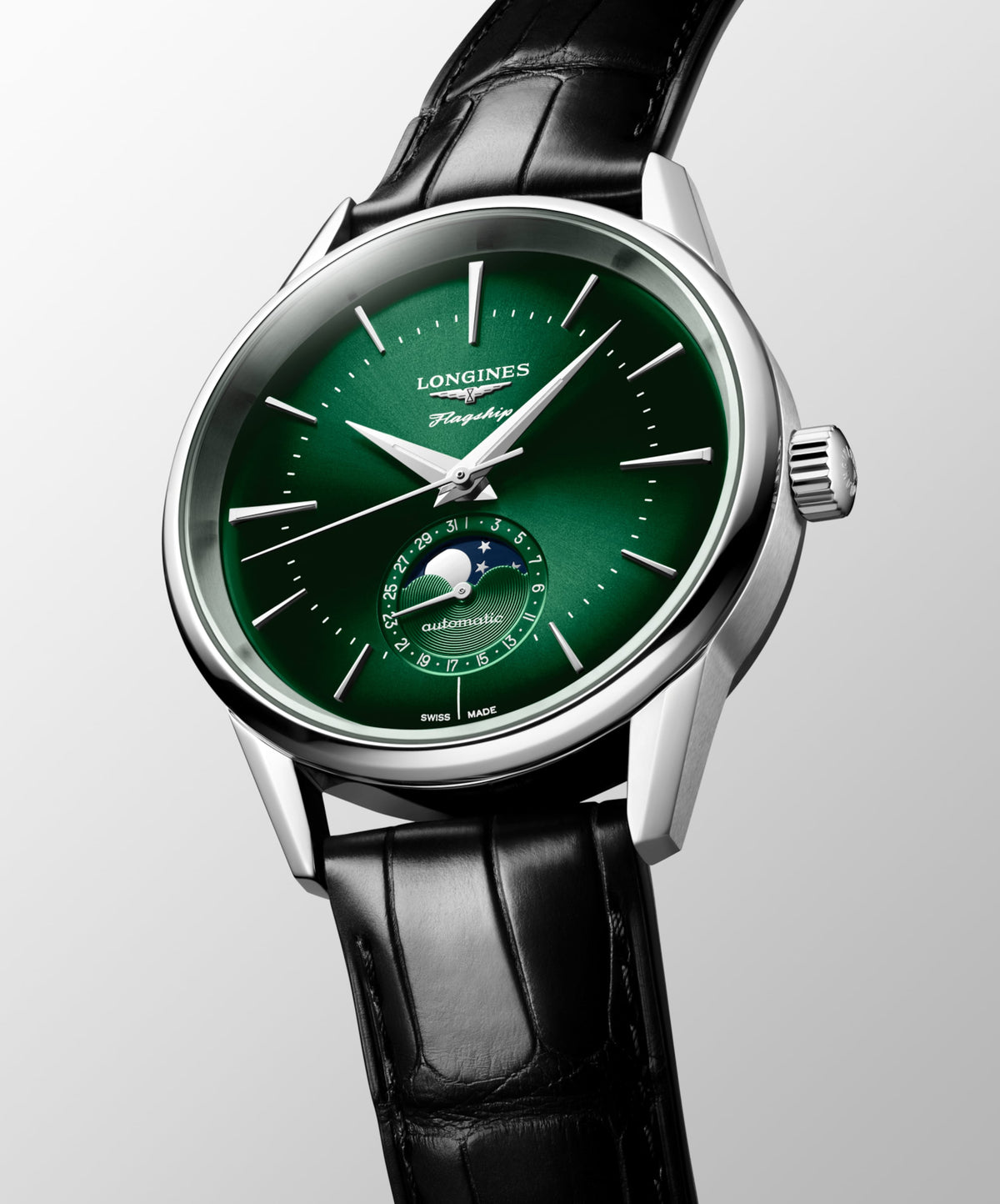 Flagship Heritage Moonphase 38.50 mm Sunray green Stainless steel L48154022 L4.815.4.02.2 front and side view