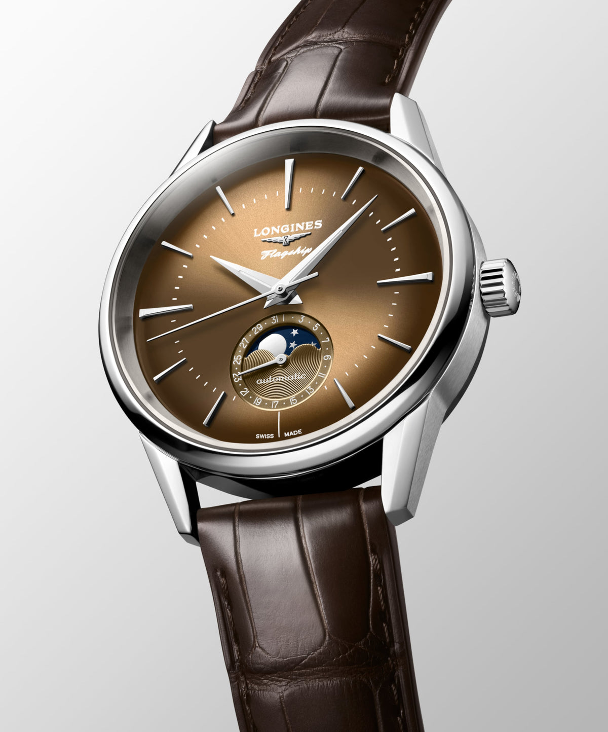 Flagship Heritage Moonphase 38.50 mm Sunray beige Stainless steel L48154622 L4.815.4.62.2 front and side view