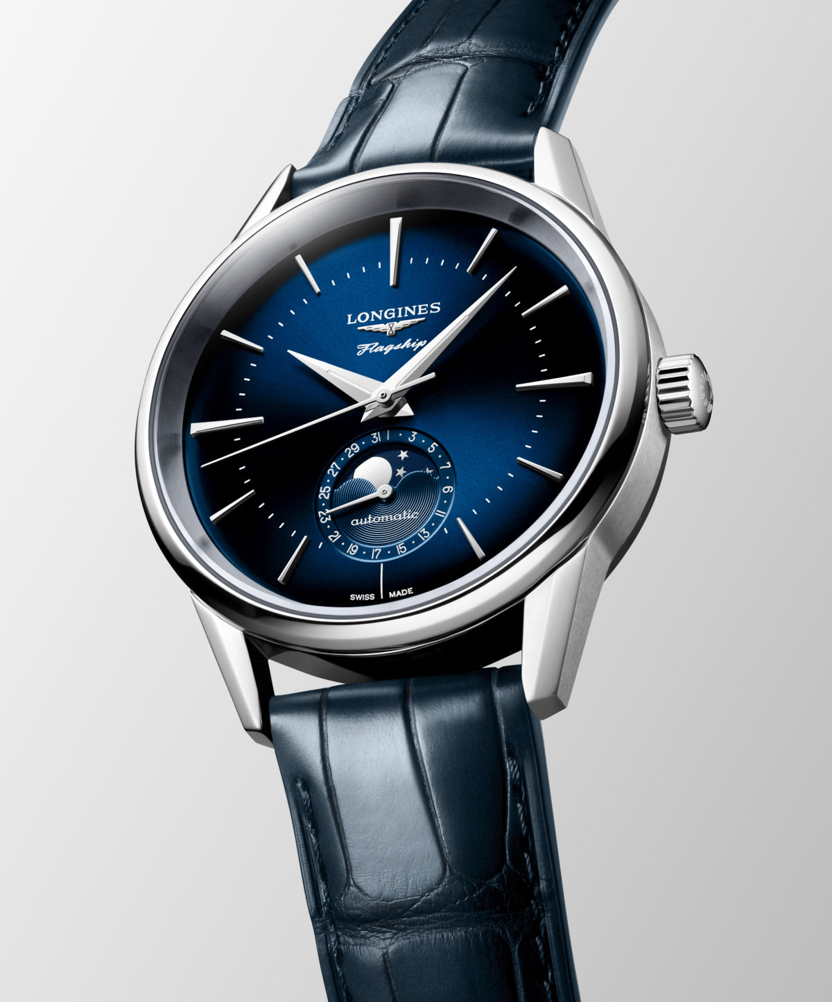 Flagship Heritage Moonphase 38.50 mm Sunray blue Stainless steel L48154922 L4.815.4.92.2 front and side view
