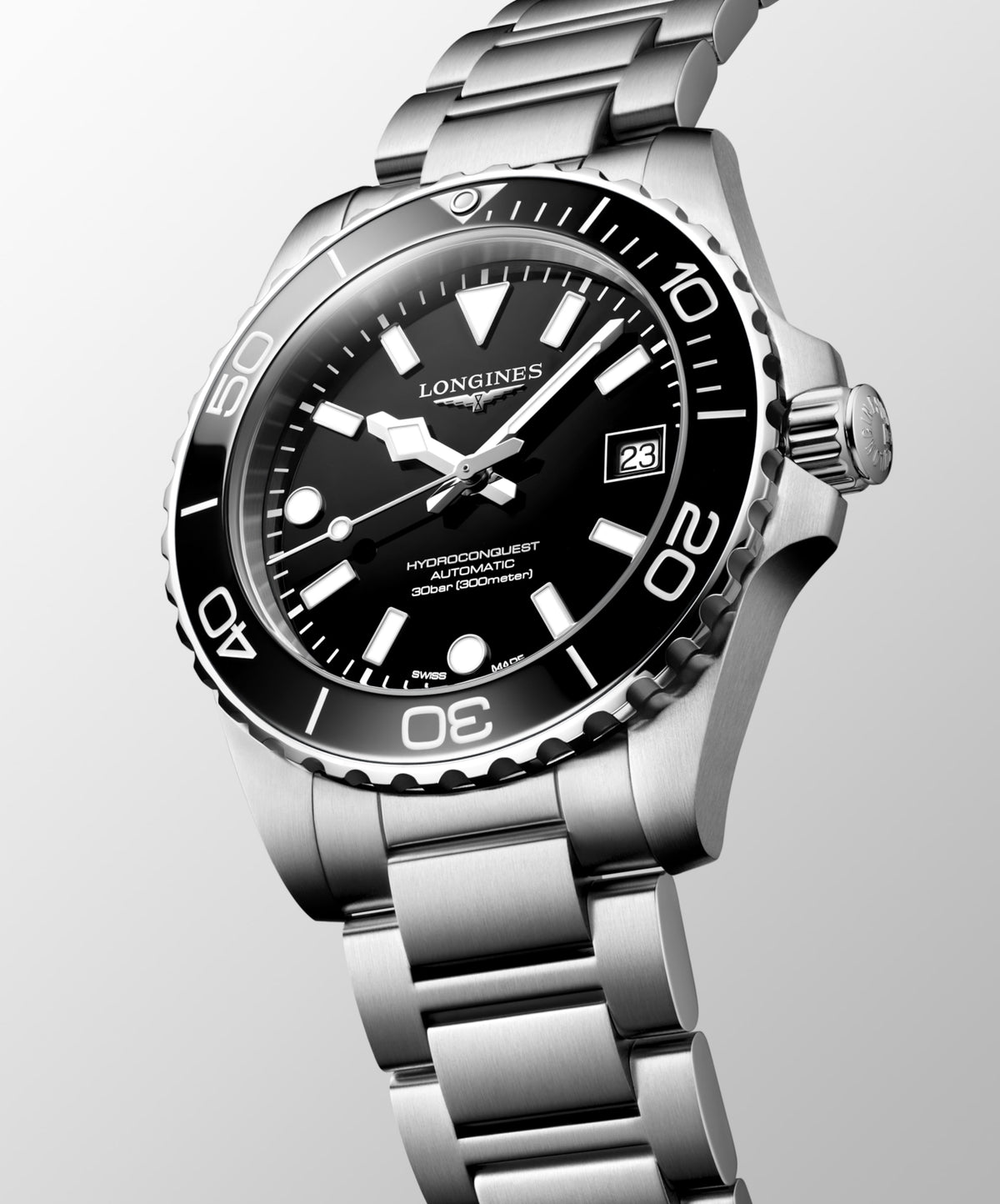 Hydroconquest 39.00 mm Black lacquered polished Stainless steel and ceramic bezel L37794566 L3.779.4.56.6 side and front view