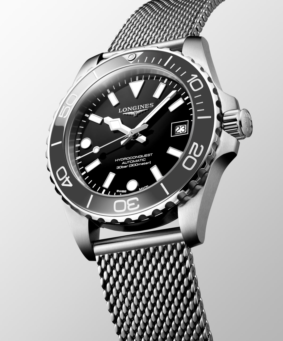 Hydroconquest 39.00 mm Black lacquered polished Stainless steel and ceramic bezel L37794706 L3.779.4.70.6 side and front view