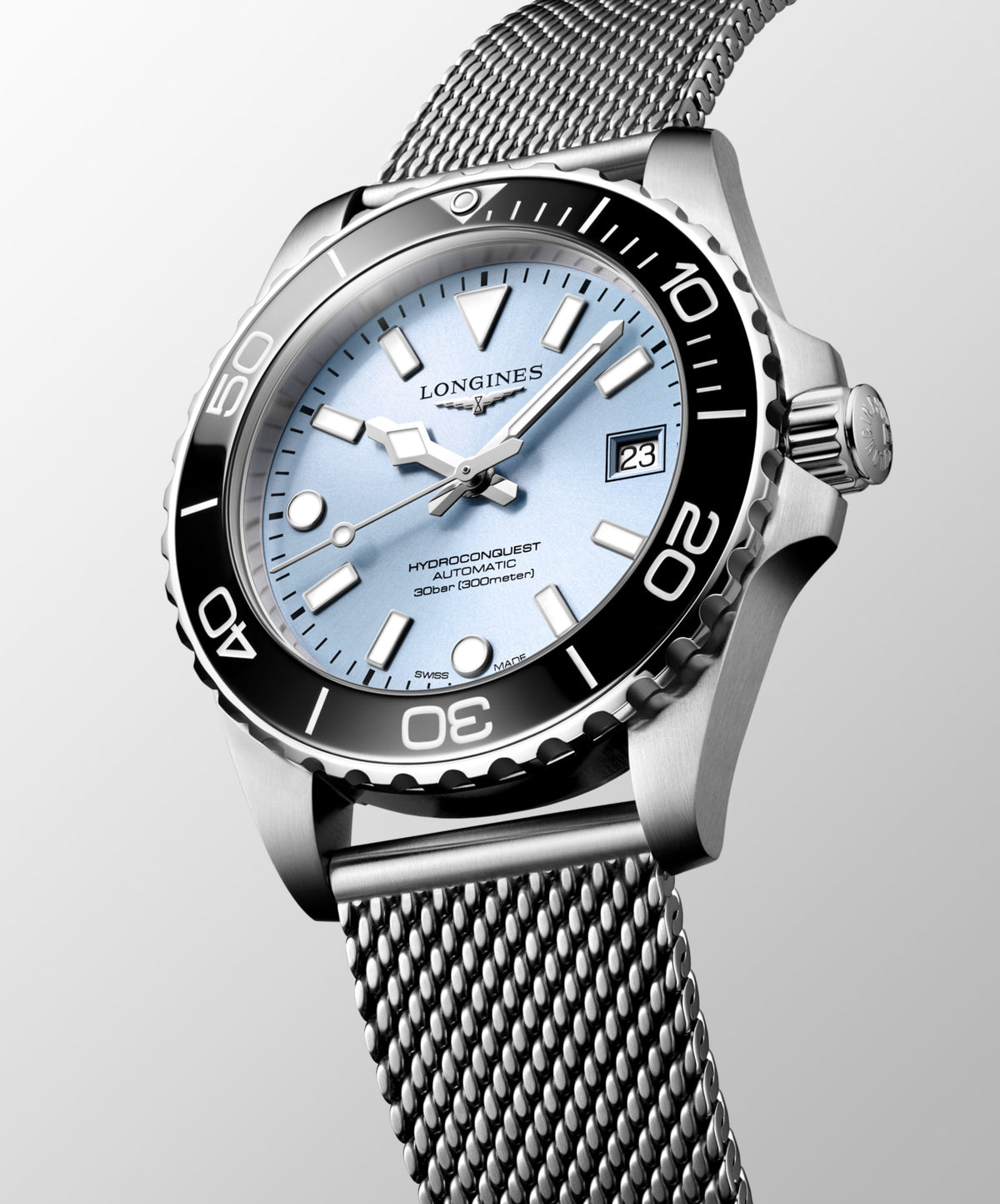 Hydroconquest 39.00 mm Frosted Blue sunray Stainless steel and ceramic bezel L37794996 L3.779.4.99.6 side and front view