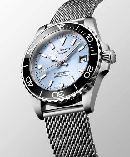 Hydroconquest 39.00 mm Frosted Blue sunray Stainless steel and ceramic bezel L37794996 L3.779.4.99.6 side and front view