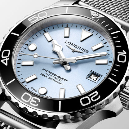 Hydroconquest 39.00 mm Frosted Blue sunray Stainless steel and ceramic bezel L37794996 L3.779.4.99.6 detailed view