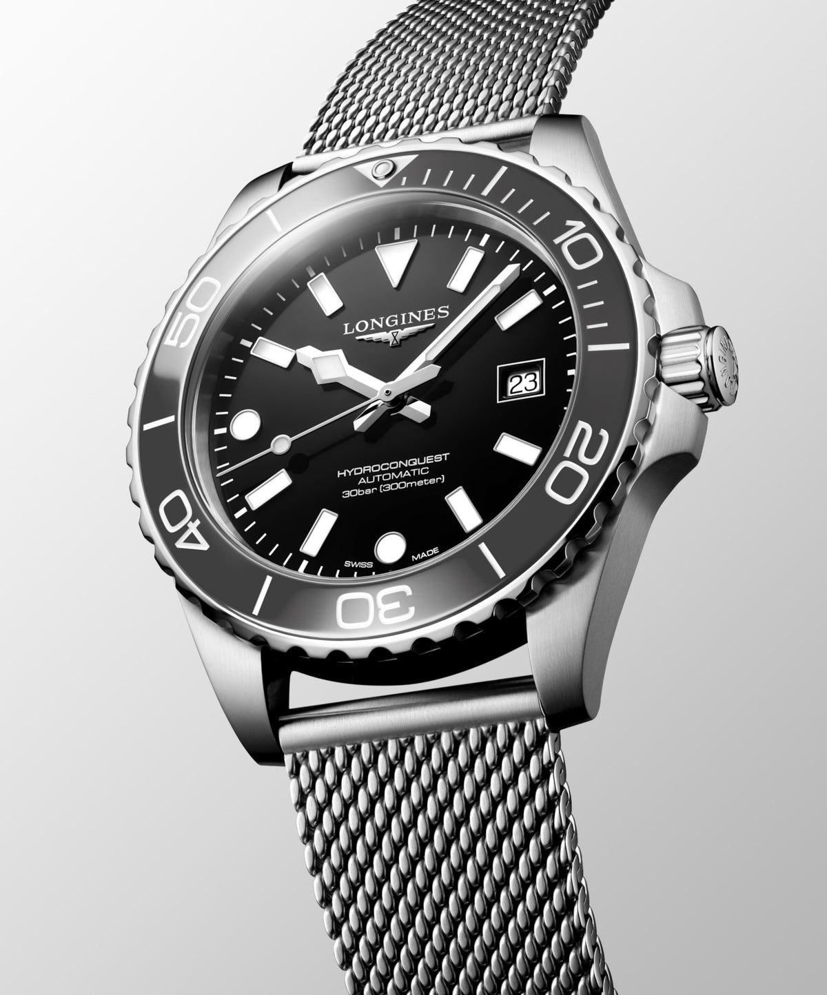 Hydroconquest 42.00 mm Black lacquered polished Stainless steel and ceramic bezel L37884706 L3.788.4.70.6 side and front view