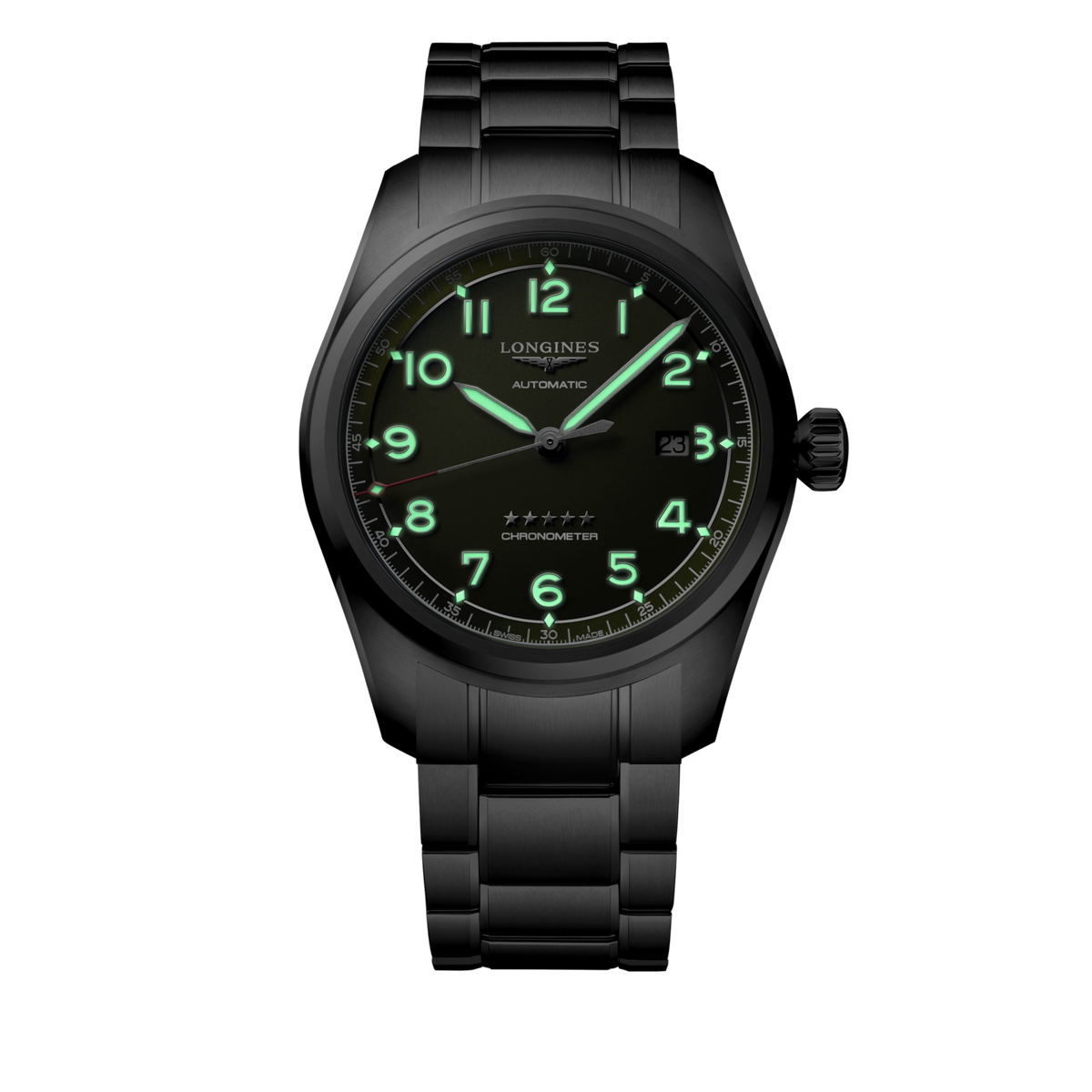 Longines Spirit 42.00 mm Green matt Stainless steel L38114036 L3.811.4.03.6 glow view