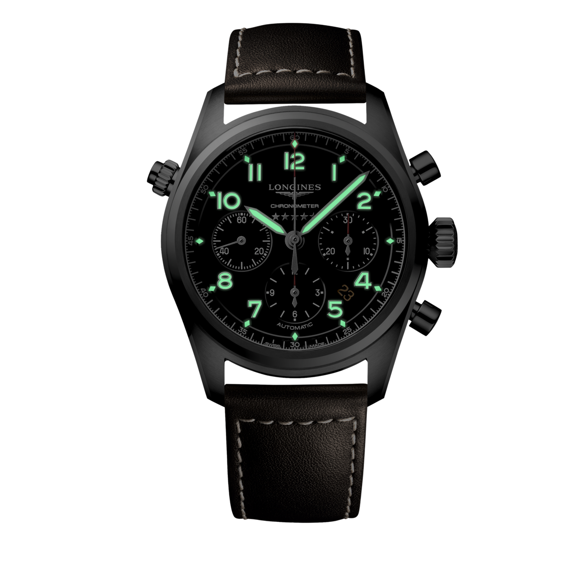 Longines Spirit Chronograph 42.00 mm Black matt Stainless steel L38204530 L3.820.4.53.0 glow view
