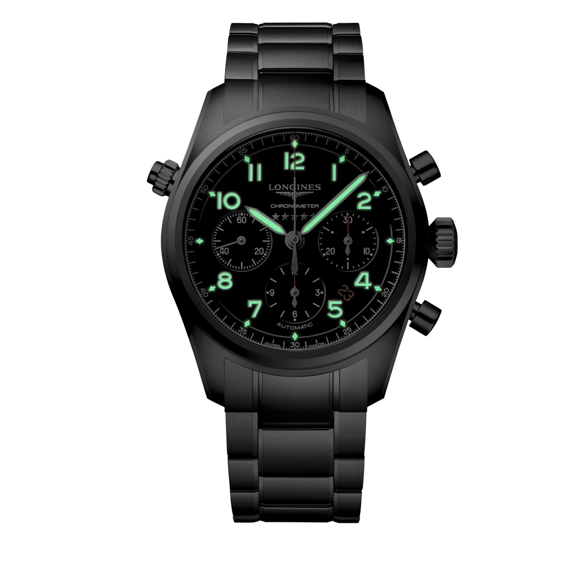 Longines Spirit Chronograph 42.00 mm Black matt Stainless steel L38204536 L3.820.4.53.6 glow view