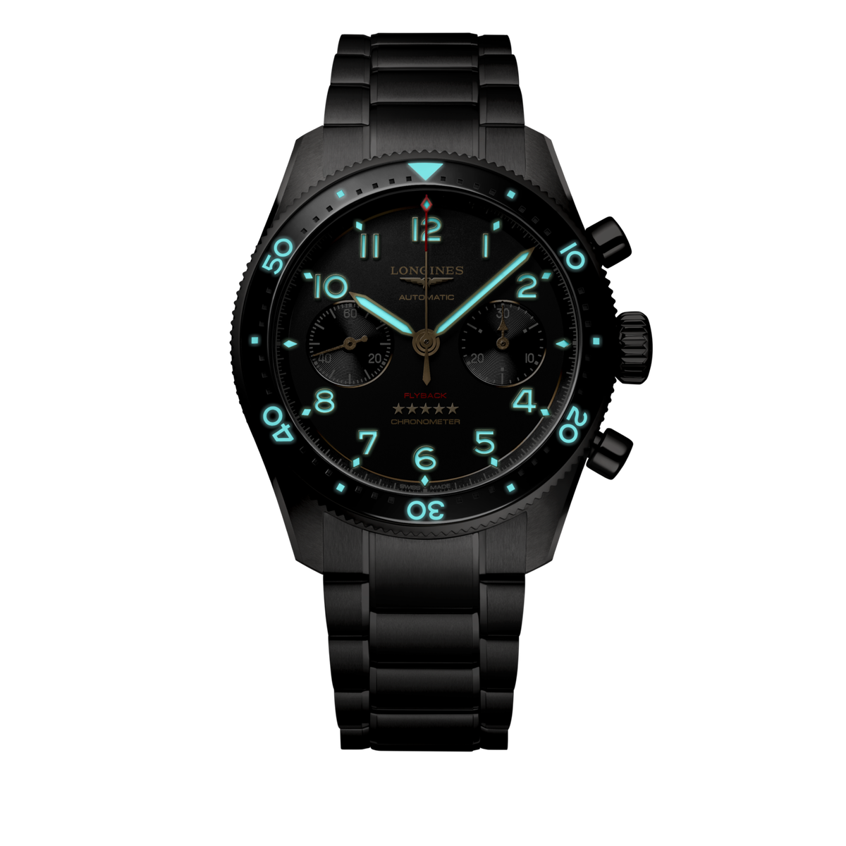 Longines Spirit Flyback Titanium 42.00 mm Anthracite Titanium and ceramic bezel L38211536 L3.821.1.53.6 glow view