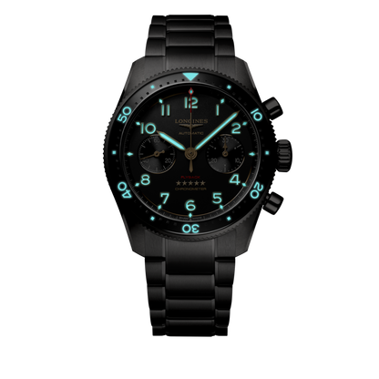 Longines Spirit Flyback Titanium 42.00 mm Anthracite Titanium and ceramic bezel L38211536 L3.821.1.53.6 glow view