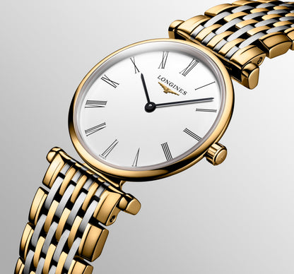 La Grande Classique De Longines 24.00 mm White Stainless steel and yellow PVD coating L4209211D L4.209.2.11.D front and side view