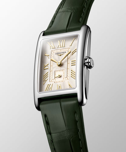 Longines Dolcevita 20.80 X 32.00 mm Ivory Gilt "flinqué" Stainless steel L52554082 L5.255.4.08.2 front and side view