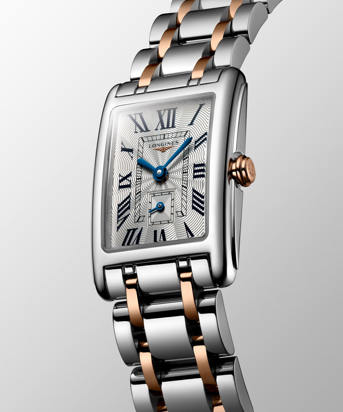 Longines Dolcevita 20.80 X 32.00 mm Silver "flinqué" Stainless steel with rose gold 18 carats crown L52555717 L5.255.5.71.7 front and side view