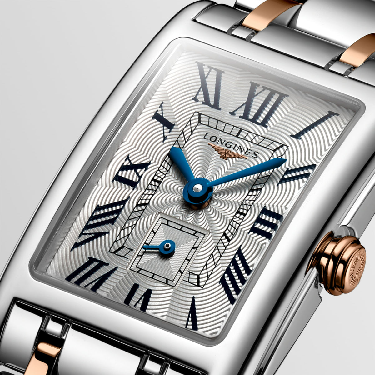 Longines Dolcevita 20.80 X 32.00 mm Silver "flinqué" Stainless steel with rose gold 18 carats crown L52555717 L5.255.5.71.7 detailed view