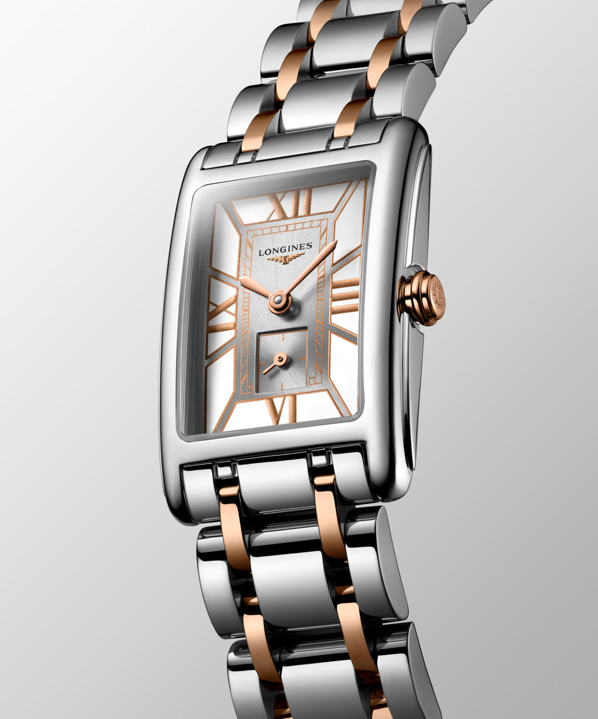 Longines Dolcevita 20.80 X 32.00 mm White Stainless steel with rose gold 18 carats crown L52555757 L5.255.5.75.7 front and side view