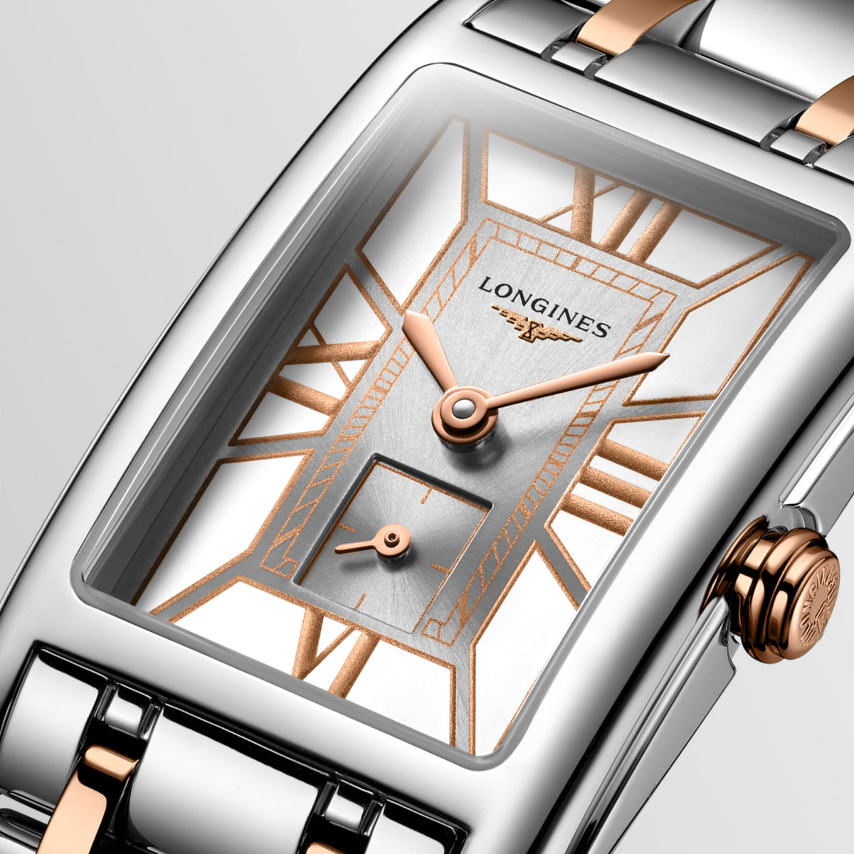 Longines Dolcevita 20.80 X 32.00 mm White Stainless steel with rose gold 18 carats crown L52555757 L5.255.5.75.7 detailed view