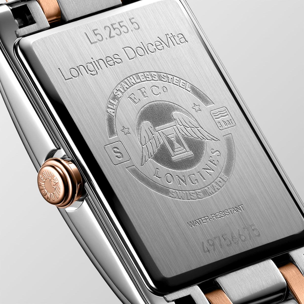 Longines Dolcevita 20.80 X 32.00 mm White Stainless steel with rose gold 18 carats crown L52555757 L5.255.5.75.7 back view