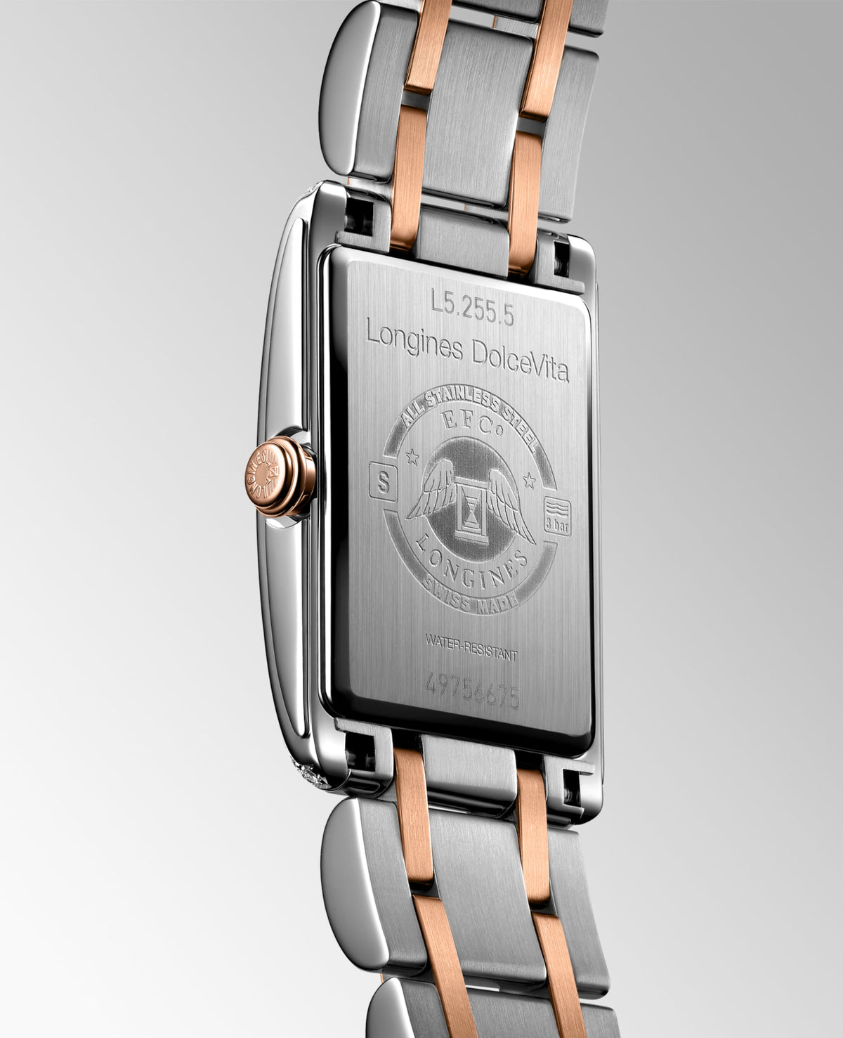 Longines Dolcevita 20.80 X 32.00 mm Silver "flinqué" Stainless steel with rose gold 18 carats crown L52555797 L5.255.5.79.7 front and side view