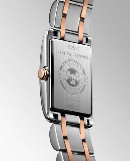 Longines Dolcevita 20.80 X 32.00 mm Silver "flinqué" Stainless steel with rose gold 18 carats crown L52555797 L5.255.5.79.7 front and side view