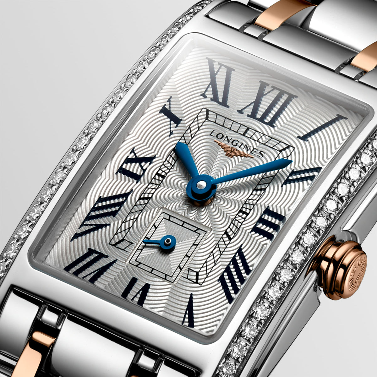 Longines Dolcevita 20.80 X 32.00 mm Silver "flinqué" Stainless steel with rose gold 18 carats crown L52555797 L5.255.5.79.7 detailed view