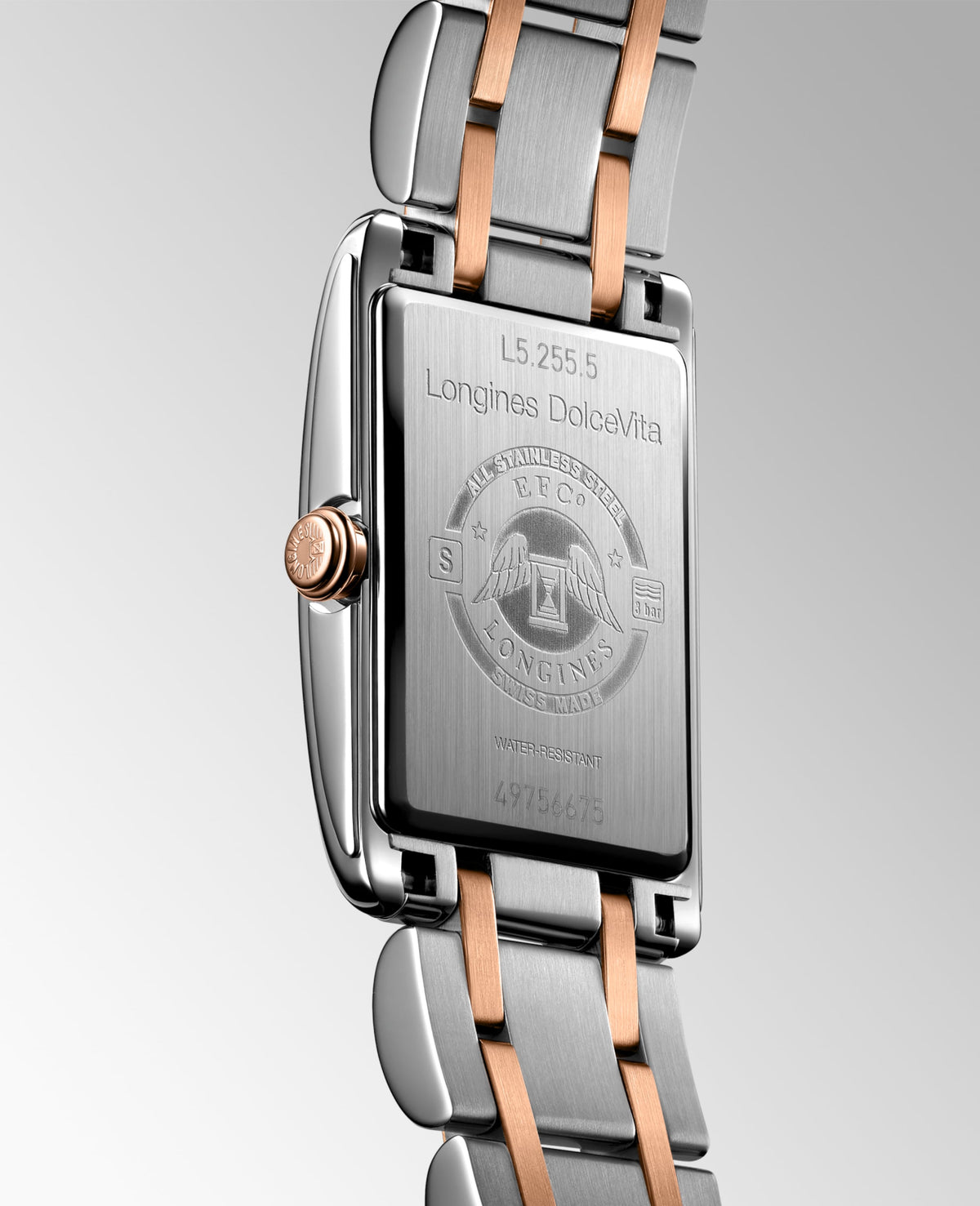 Longines Dolcevita 20.80 X 32.00 mm White mother-of-pearl Stainless steel with rose gold 18 carats crown L52555877 L5.255.5.87.7 front and side view