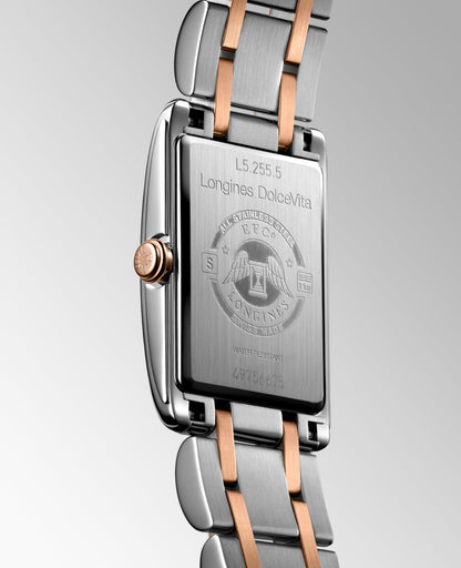 Longines Dolcevita 20.80 X 32.00 mm White mother-of-pearl Stainless steel with rose gold 18 carats crown L52555877 L5.255.5.87.7 front and side view