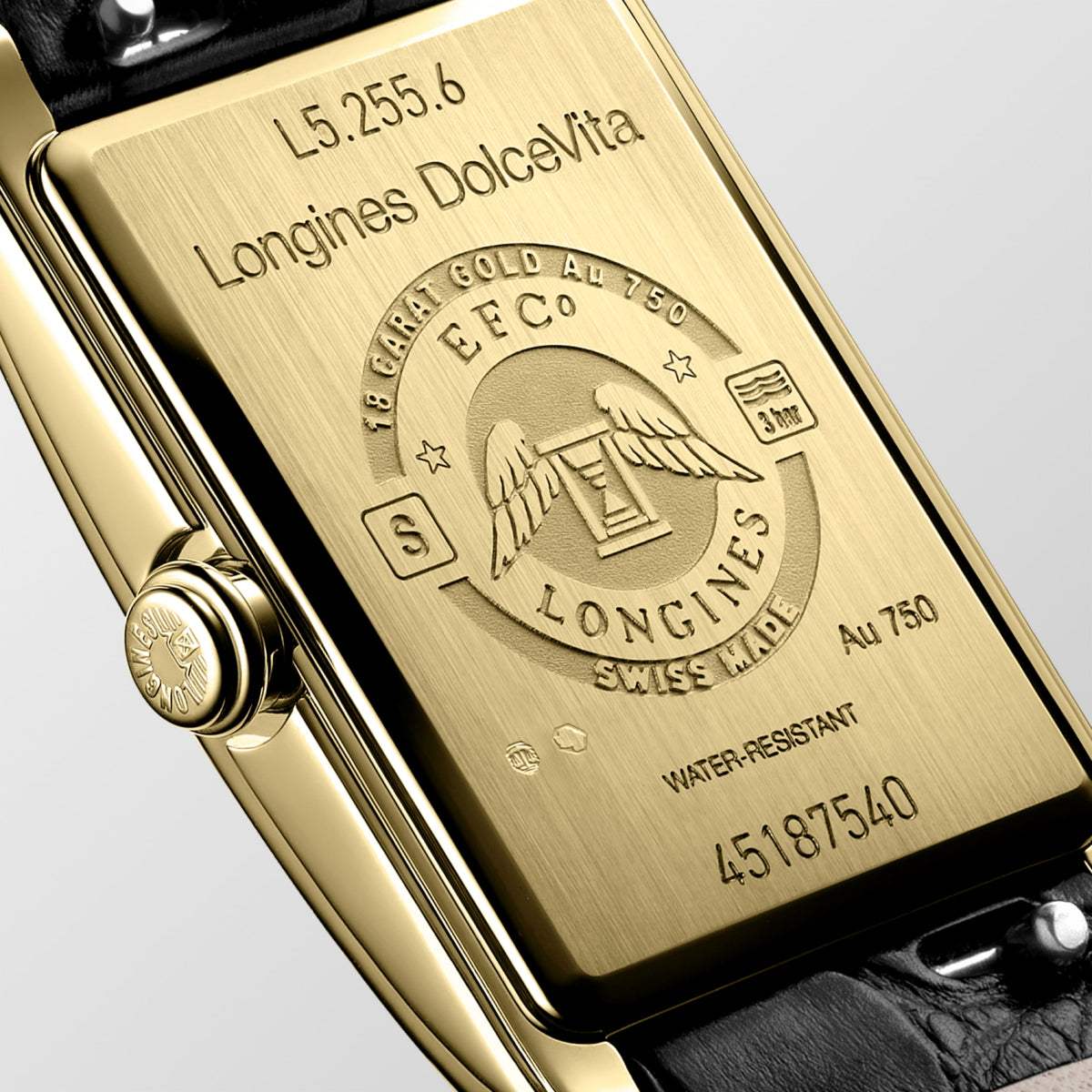 Longines Dolcevita 20.50 X 32.00 mm Silver "flinqué" 18 karat yellow gold L52556710 L5.255.6.71.0 front and side view