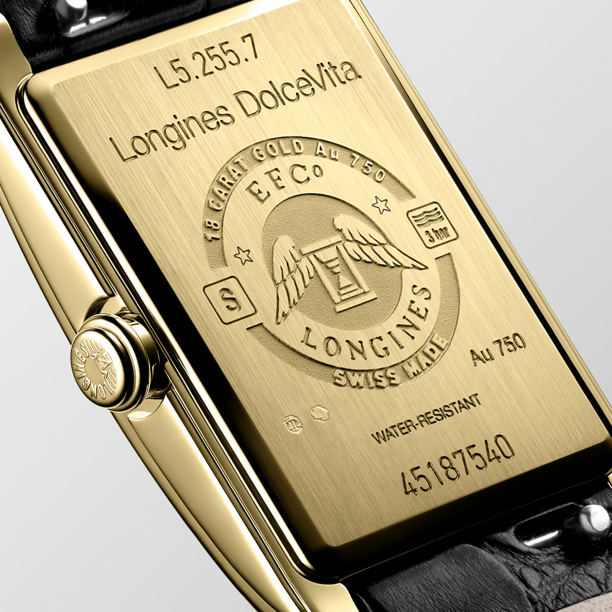 Longines Dolcevita 20.50 X 32.00 mm Silver "flinqué" 18 karat yellow gold L52557710 L5.255.7.71.0 front and side view