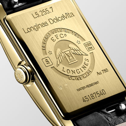 Longines Dolcevita 20.50 X 32.00 mm Silver "flinqué" 18 karat yellow gold L52557710 L5.255.7.71.0 front and side view