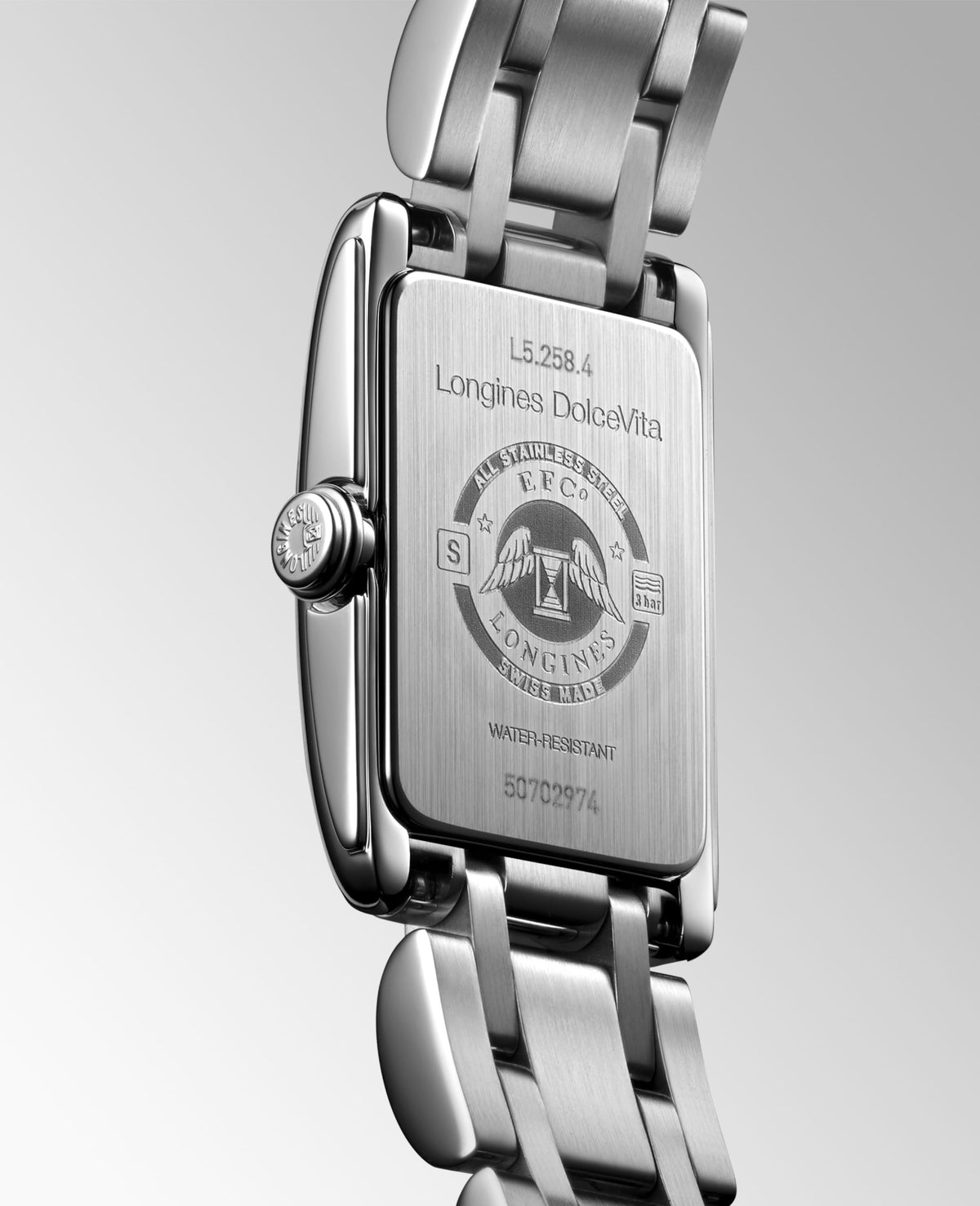 Longines Dolcevita 17.70 X 27.00 mm Silver "flinqué" Stainless steel L52584716 L5.258.4.71.6 front and side view