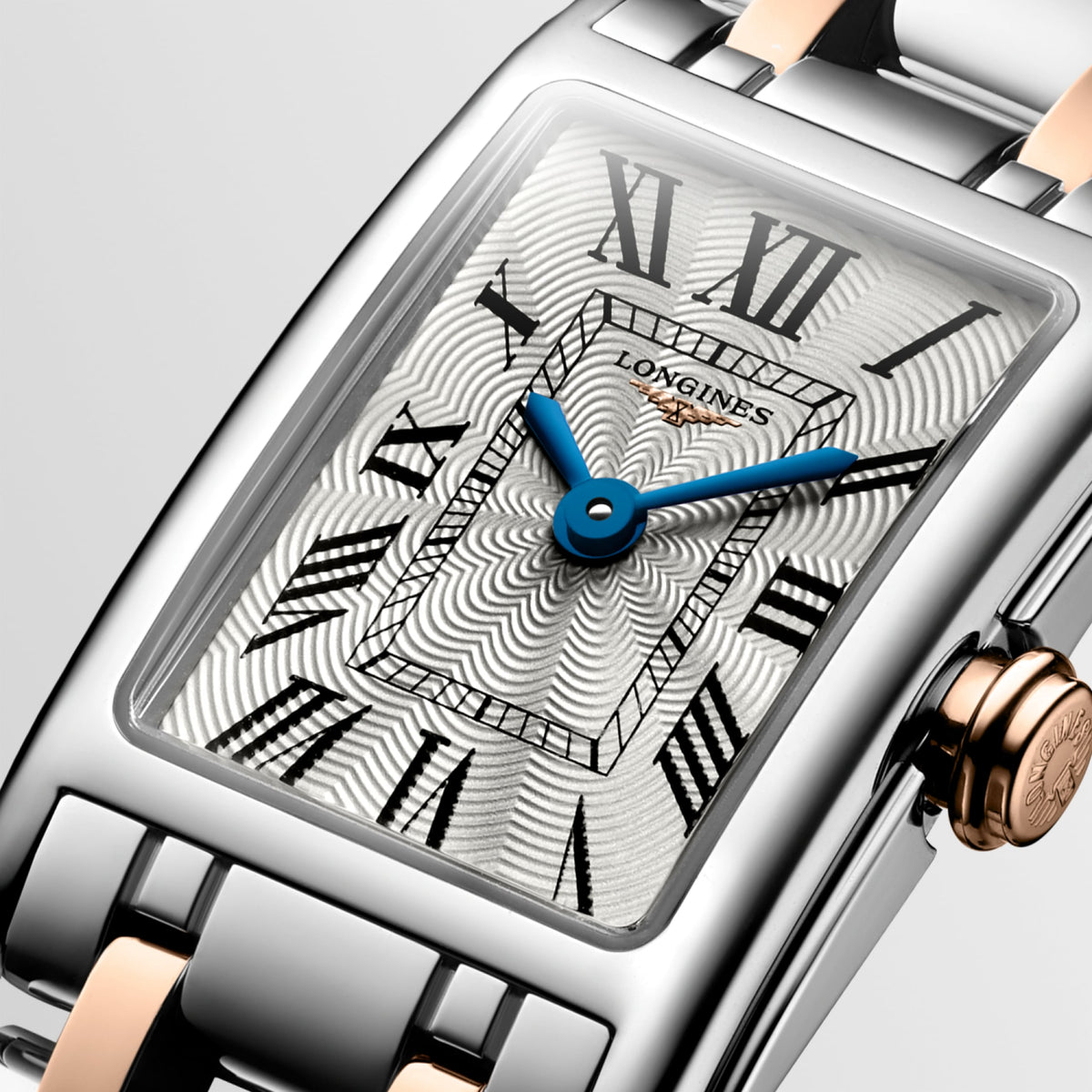 Longines Dolcevita 17.70 X 27.00 mm Silver "flinqué" Stainless steel with rose gold 18 carats crown L52585717 L5.258.5.71.7 detailed view