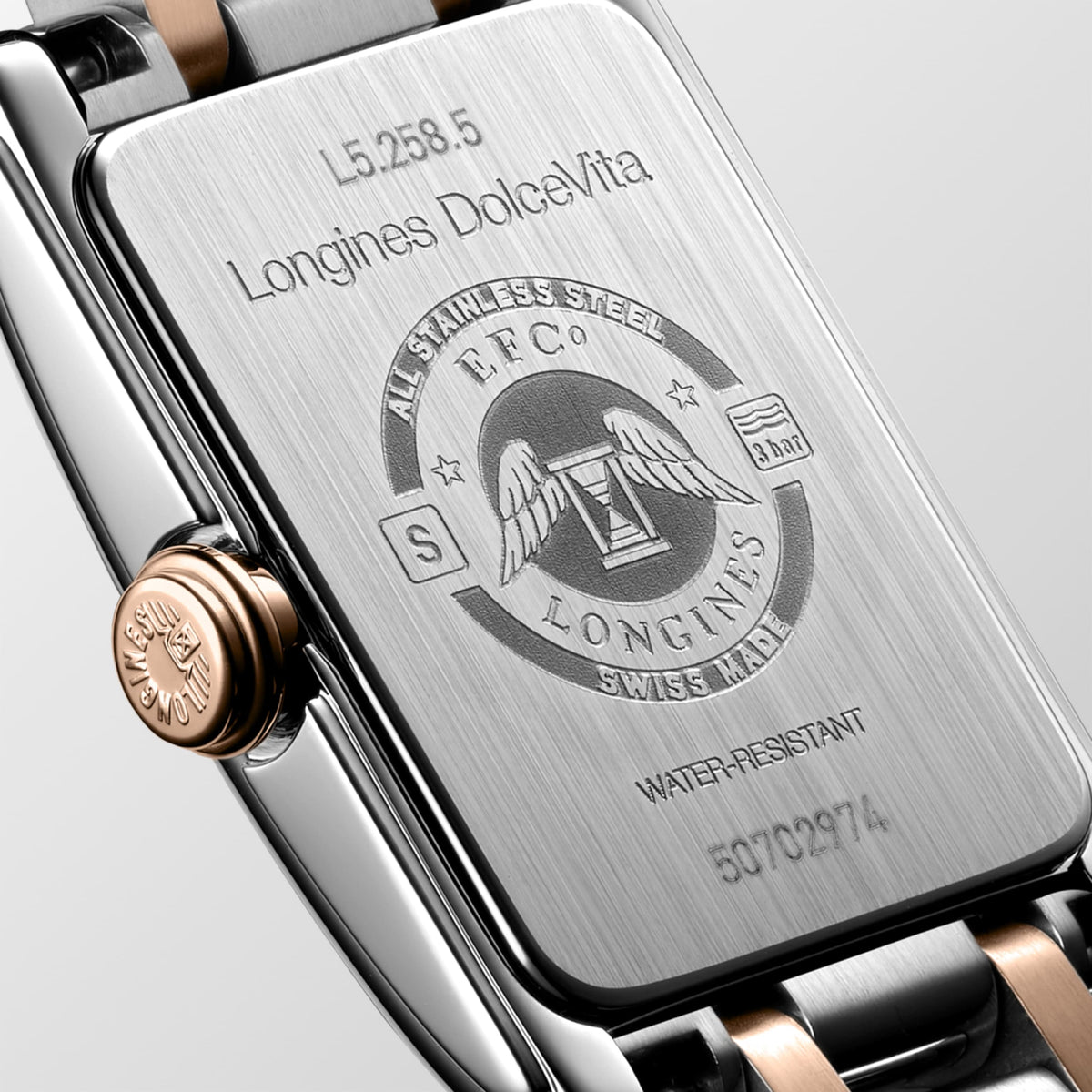 Longines Dolcevita 17.70 X 27.00 mm Silver "flinqué" Stainless steel with rose gold 18 carats crown L52585717 L5.258.5.71.7 back view