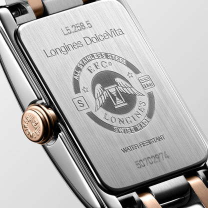 Longines Dolcevita 17.70 X 27.00 mm Silver "flinqué" Stainless steel with rose gold 18 carats crown L52585717 L5.258.5.71.7 back view